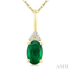 1/50 Ctw Oval Cut 6X4 MM Emerald and Round Cut Diamond Precious Pendant With Chain in 10K Yellow Gold