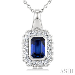 6X4 MM Octagon Shape Sapphire and 1/5 Ctw Round Cut Diamond Bold Precious Pendant With Chain in 10K White Gold