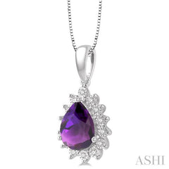 9X6 MM Pear Shape Amethyst and 1/10 Ctw Round Cut Diamond Semi-Precious Pendant With Chain in 10K White Gold