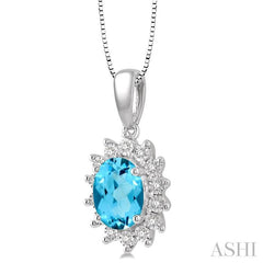 8X6 MM Oval Shape Blue Topaz and 1/10 Ctw Round Cut Diamond Semi-Precious Pendant With Chain in 10K White Gold
