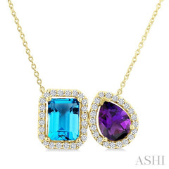8X6 MM Emerald Cut Blue Topaz and Pear Cut Amethyst and 1/3 Ctw Toi Et Moi Round Cut Diamond Semi-Precious Fashion Pendant With Chain 14K Yellow Gold