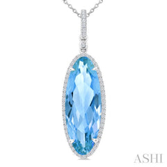 22X8 MM Oval Shape Blue Topaz and 1/4 Ctw Round Cut Diamond Semi-Precious Pendant With Chain in 14K White Gold