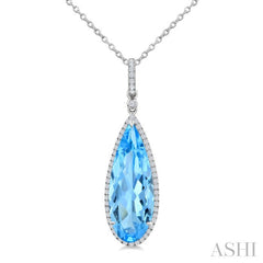 22X8 MM Pear Shape Blue Topaz and 1/4 Ctw Round Cut Diamond Semi-Precious Pendant With Chain in 14K White Gold