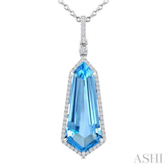 22X9 MM Shield Shape Blue Topaz and 1/4 Ctw Round Cut Diamond Semi-Precious Pendant With Chain in 14K White Gold