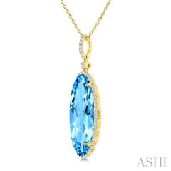 22X8 MM Oval Shape Blue Topaz and 1/4 Ctw Round Cut Diamond Semi-Precious Pendant With Chain in 14K Yellow Gold