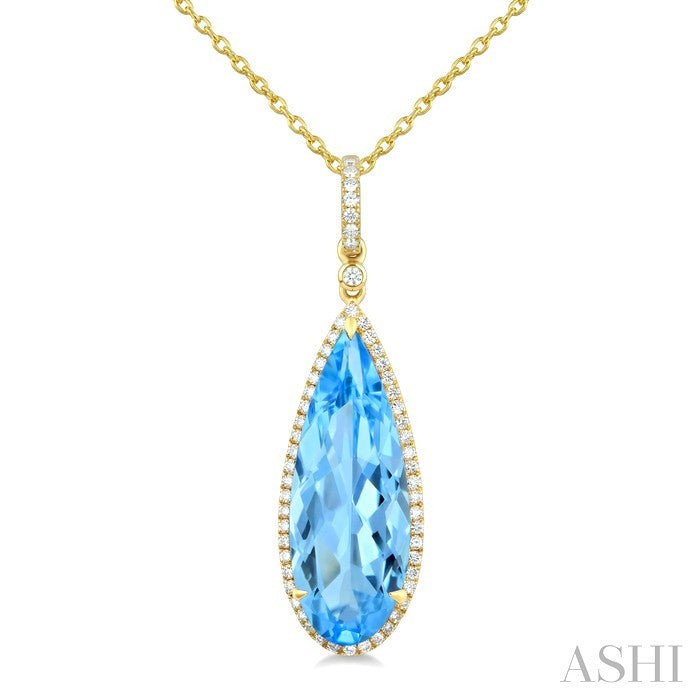 22X8 MM Pear Shape Blue Topaz and 1/4 Ctw Round Cut Diamond Semi-Precious Pendant With Chain in 14K Yellow Gold