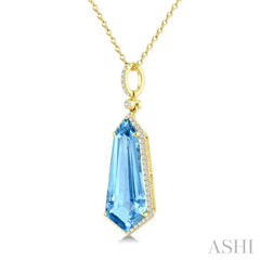 22X9 MM Shield Shape Blue Topaz and 1/4 Ctw Round Cut Diamond Semi-Precious Pendant With Chain in 14K Yellow Gold