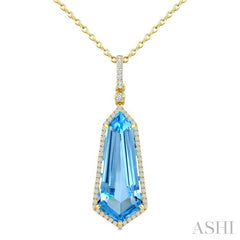22X9 MM Shield Shape Blue Topaz and 1/4 Ctw Round Cut Diamond Semi-Precious Pendant With Chain in 14K Yellow Gold