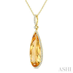 22X8 MM Pear Shape Citrine and 1/4 Ctw Round Cut Diamond Semi-Precious Pendant With Chain in 14K Yellow Gold