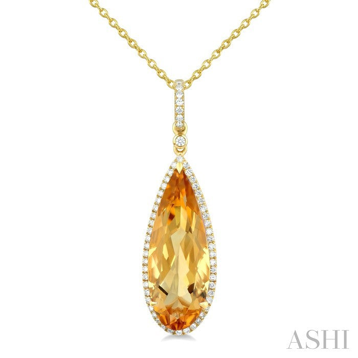 22X8 MM Pear Shape Citrine and 1/4 Ctw Round Cut Diamond Semi-Precious Pendant With Chain in 14K Yellow Gold