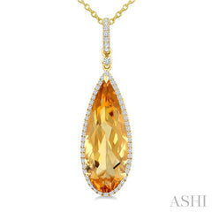 22X8 MM Pear Shape Citrine and 1/4 Ctw Round Cut Diamond Semi-Precious Pendant With Chain in 14K Yellow Gold