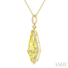 22X9 MM Kite Shape Lemon Quartz and 1/4 Ctw Round Cut Diamond Semi-Precious Pendant With Chain in 14K Yellow Gold