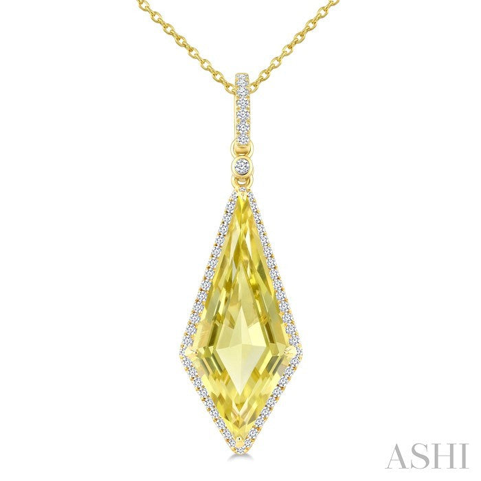 22X9 MM Kite Shape Lemon Quartz and 1/4 Ctw Round Cut Diamond Semi-Precious Pendant With Chain in 14K Yellow Gold