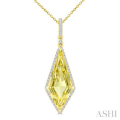 22X9 MM Kite Shape Lemon Quartz and 1/4 Ctw Round Cut Diamond Semi-Precious Pendant With Chain in 14K Yellow Gold