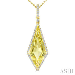 22X9 MM Kite Shape Lemon Quartz and 1/4 Ctw Round Cut Diamond Semi-Precious Pendant With Chain in 14K Yellow Gold