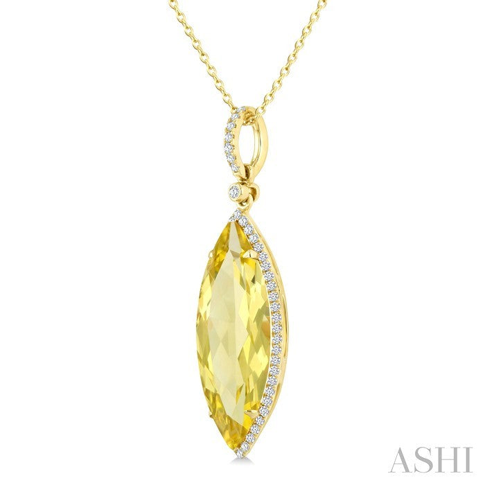22X8 MM Marquise Shape Lemon Quartz and 1/4 Ctw Round Cut Diamond Semi-Precious Pendant With Chain in 14K Yellow Gold