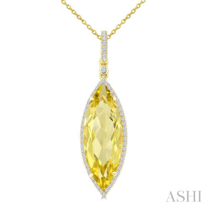 22X8 MM Marquise Shape Lemon Quartz and 1/4 Ctw Round Cut Diamond Semi-Precious Pendant With Chain in 14K Yellow Gold