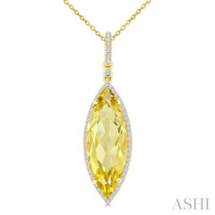 22X8 MM Marquise Shape Lemon Quartz and 1/4 Ctw Round Cut Diamond Semi-Precious Pendant With Chain in 14K Yellow Gold