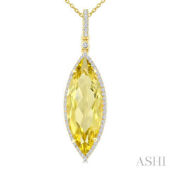 22X8 MM Marquise Shape Lemon Quartz and 1/4 Ctw Round Cut Diamond Semi-Precious Pendant With Chain in 14K Yellow Gold