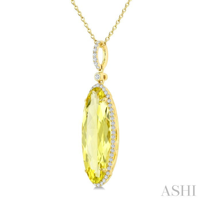 22X8 MM Oval Shape Lemon Quartz and 1/4 Ctw Round Cut Diamond Semi-Precious Pendant With Chain in 14K Yellow Gold