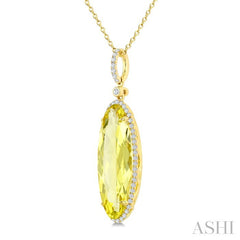 22X8 MM Oval Shape Lemon Quartz and 1/4 Ctw Round Cut Diamond Semi-Precious Pendant With Chain in 14K Yellow Gold