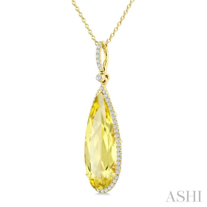 22X8 MM Pear Shape Lemon Quartz and 1/4 Ctw Round Cut Diamond Semi-Precious Pendant With Chain in 14K Yellow Gold