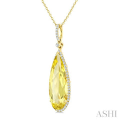 22X8 MM Pear Shape Lemon Quartz and 1/4 Ctw Round Cut Diamond Semi-Precious Pendant With Chain in 14K Yellow Gold