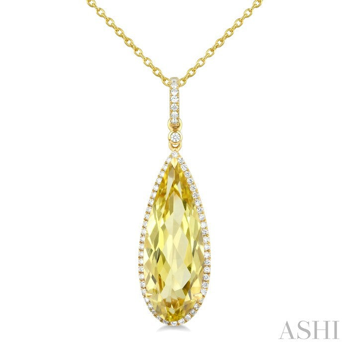 22X8 MM Pear Shape Lemon Quartz and 1/4 Ctw Round Cut Diamond Semi-Precious Pendant With Chain in 14K Yellow Gold