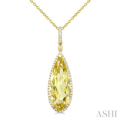 22X8 MM Pear Shape Lemon Quartz and 1/4 Ctw Round Cut Diamond Semi-Precious Pendant With Chain in 14K Yellow Gold