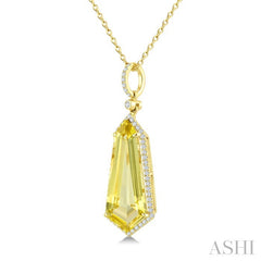 22X9 MM Shield Shape Lemon Quartz and 1/4 Ctw Round Cut Diamond Semi-Precious Pendant With Chain in 14K Yellow Gold