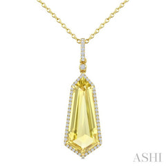 22X9 MM Shield Shape Lemon Quartz and 1/4 Ctw Round Cut Diamond Semi-Precious Pendant With Chain in 14K Yellow Gold