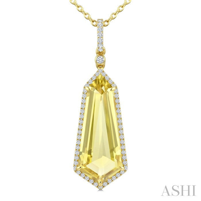 22X9 MM Shield Shape Lemon Quartz and 1/4 Ctw Round Cut Diamond Semi-Precious Pendant With Chain in 14K Yellow Gold