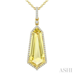 22X9 MM Shield Shape Lemon Quartz and 1/4 Ctw Round Cut Diamond Semi-Precious Pendant With Chain in 14K Yellow Gold