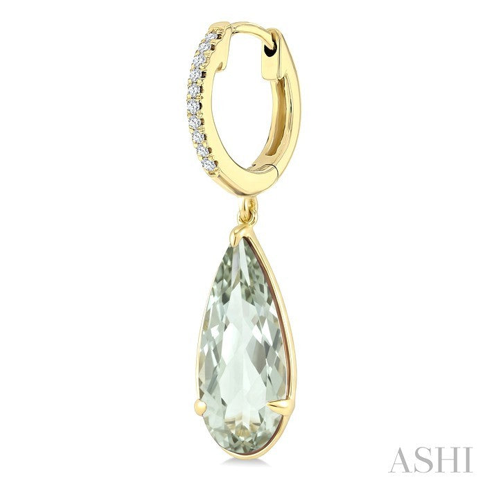 14X6 MM Pear Shape Green Amethyst and 1/10 Ctw Round Cut Diamond Semi-Precious Earrings in 14K Yellow Gold