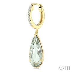 14X6 MM Pear Shape Green Amethyst and 1/10 Ctw Round Cut Diamond Semi-Precious Earrings in 14K Yellow Gold