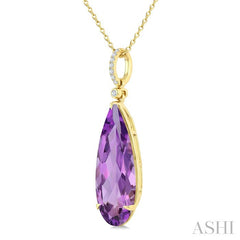 22X8 MM Pear Shape Amethyst and 1/20 Ctw Round Cut Diamond Semi-Precious Pendant With Chain in 14K Yellow Gold