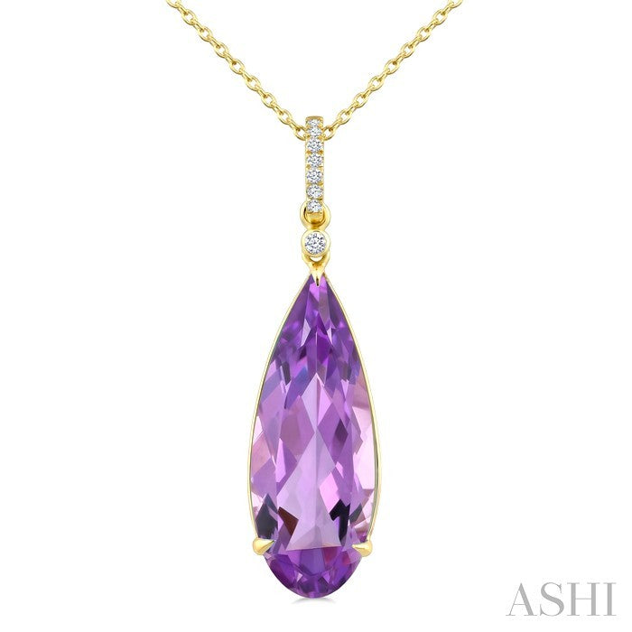22X8 MM Pear Shape Amethyst and 1/20 Ctw Round Cut Diamond Semi-Precious Pendant With Chain in 14K Yellow Gold