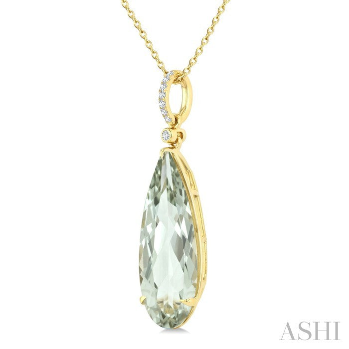 22X8 MM Pear Shape Green Amethyst and 1/20 Ctw Round Cut Diamond Semi-Precious Pendant With Chain in 14K Yellow Gold
