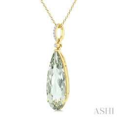 22X8 MM Pear Shape Green Amethyst and 1/20 Ctw Round Cut Diamond Semi-Precious Pendant With Chain in 14K Yellow Gold