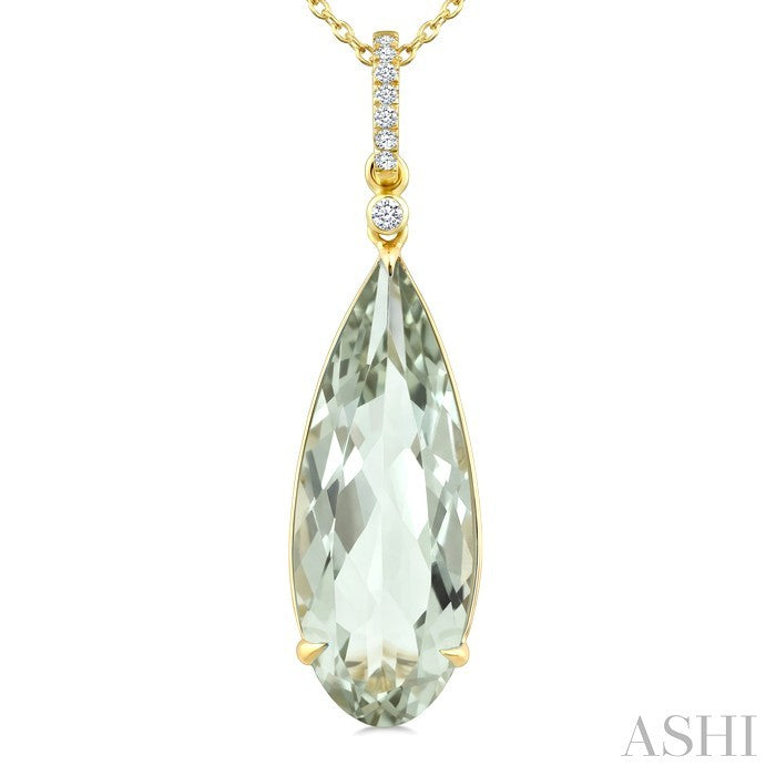 22X8 MM Pear Shape Green Amethyst and 1/20 Ctw Round Cut Diamond Semi-Precious Pendant With Chain in 14K Yellow Gold