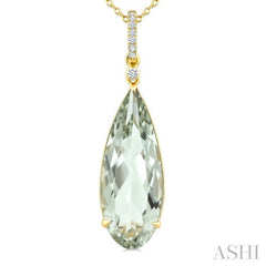 22X8 MM Pear Shape Green Amethyst and 1/20 Ctw Round Cut Diamond Semi-Precious Pendant With Chain in 14K Yellow Gold