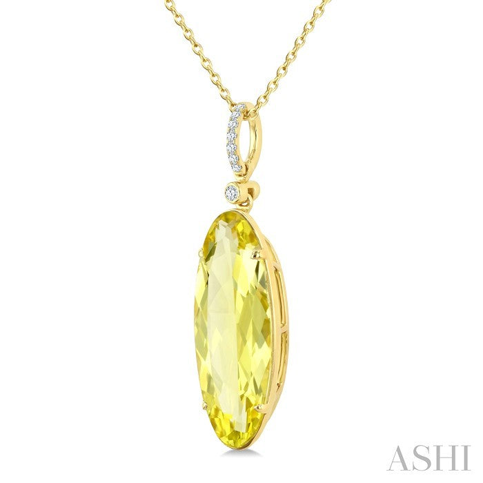 22X8 MM Oval Shape Lemon Quartz and 1/20 Ctw Round Cut Diamond Semi-Precious Pendant With Chain in 14K Yellow Gold