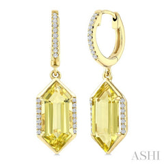 14X6 MM Hexagon Shape Lemon Quartz and 1/5 Ctw Round Cut Diamond Semi-Precious Earrings in 14K Yellow Gold