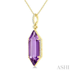 22X8 MM Hexagon Shape Amethyst and 1/6 Ctw Round Cut Diamond Semi-Precious Pendant With Chain in 14K Yellow Gold