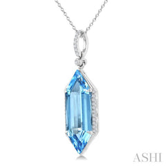 22X8 MM Hexagon Shape Blue Topaz and 1/6 Ctw Round Cut Diamond Semi-Precious Pendant With Chain in 14K White Gold