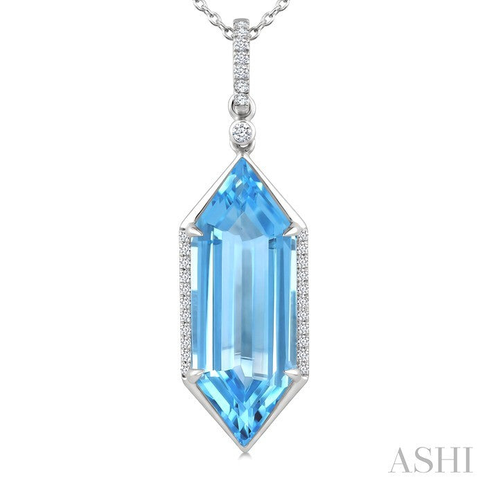 22X8 MM Hexagon Shape Blue Topaz and 1/6 Ctw Round Cut Diamond Semi-Precious Pendant With Chain in 14K White Gold