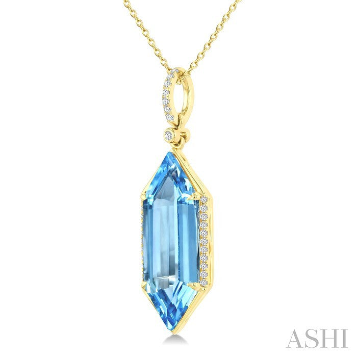 22X8 MM Hexagon Shape Blue Topaz and 1/6 Ctw Round Cut Diamond Semi-Precious Pendant With Chain in 14K Yellow Gold