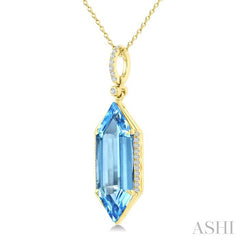 22X8 MM Hexagon Shape Blue Topaz and 1/6 Ctw Round Cut Diamond Semi-Precious Pendant With Chain in 14K Yellow Gold