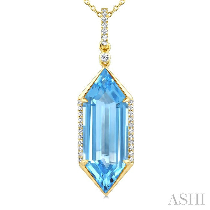 22X8 MM Hexagon Shape Blue Topaz and 1/6 Ctw Round Cut Diamond Semi-Precious Pendant With Chain in 14K Yellow Gold