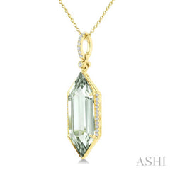 22X8 MM Hexagon Shape Green Amethyst and 1/6 Ctw Round Cut Diamond Semi-Precious Pendant With Chain in 14K Yellow Gold